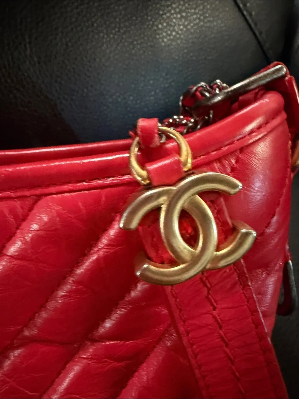CHANEL Red Quilted Shoulder Bag with Gold CC Charm